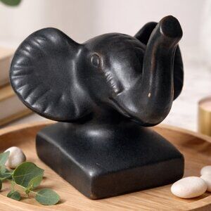Black Matte Elephant Figurine | Ring Holder  Weighted Base Small Ceramic Sculpt